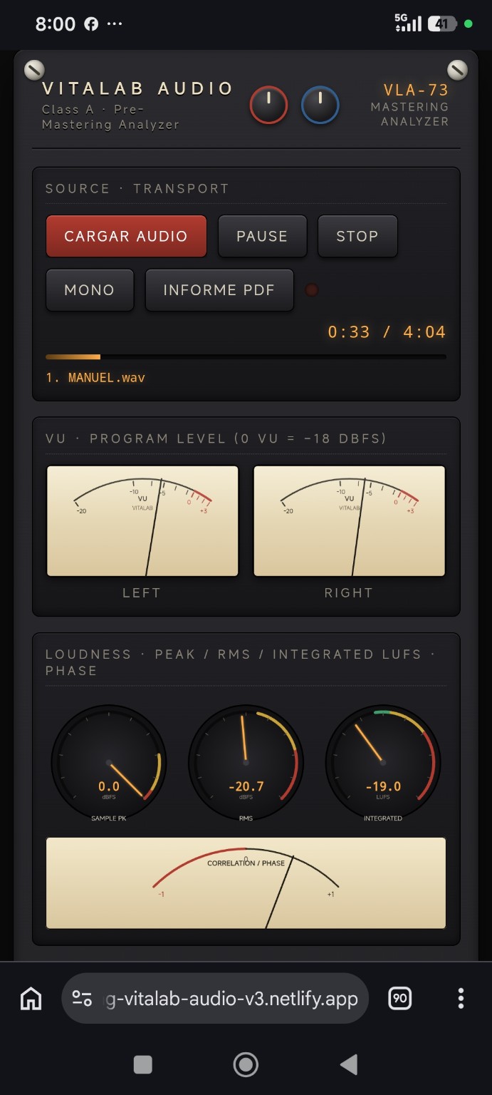 VLA-73 reproduciendo MANUEL.wav con medidores VU, loudness y fase activos