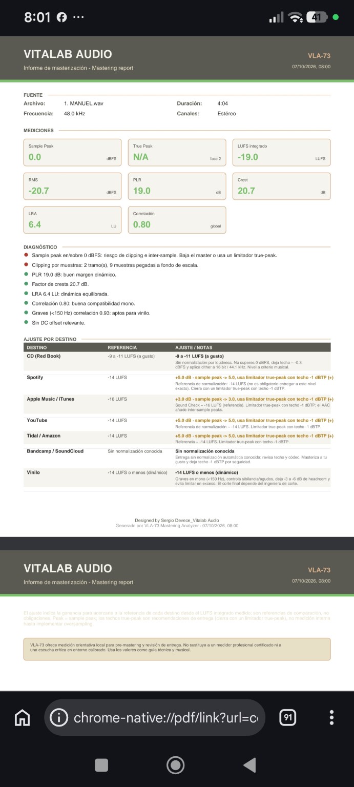 Informe de mastering exportado en PDF con mediciones y recomendaciones por plataforma